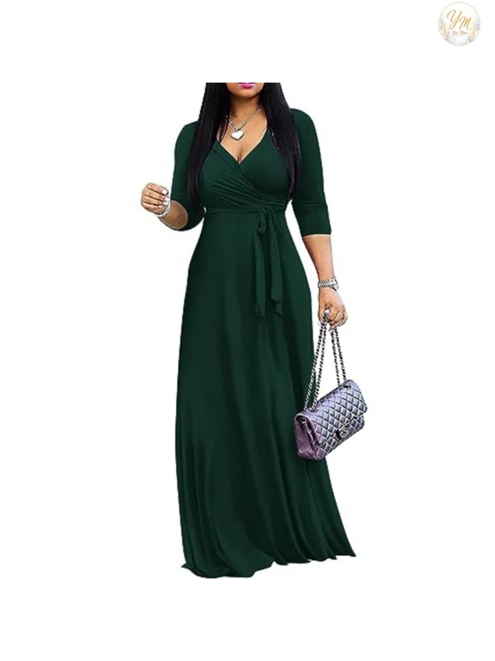 Women's Bohemian Maxi Dress V-Neck 3/4 Sleeve High Waist Pockets Summer